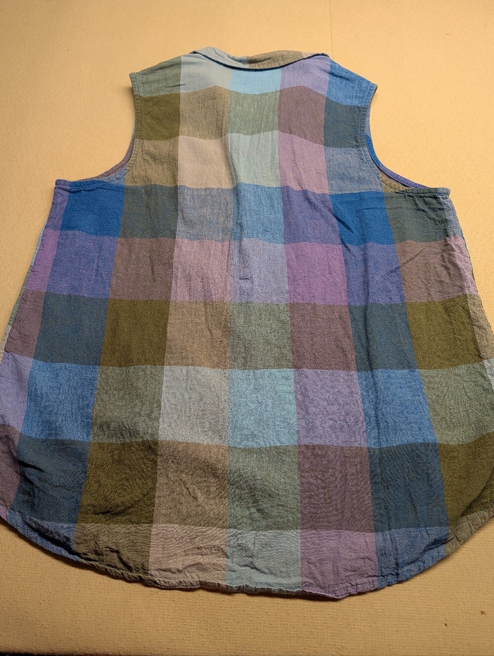 Time and Tru Women's Size L Sleeveless Plaid Button-Front Top-Blue Purple Green - Picture 2 of 5
